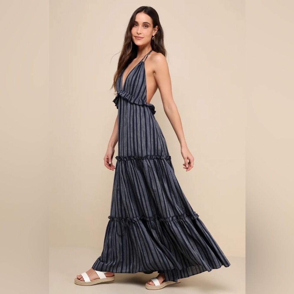 Lulu's Navy Striped Backless Maxi Dress NWT